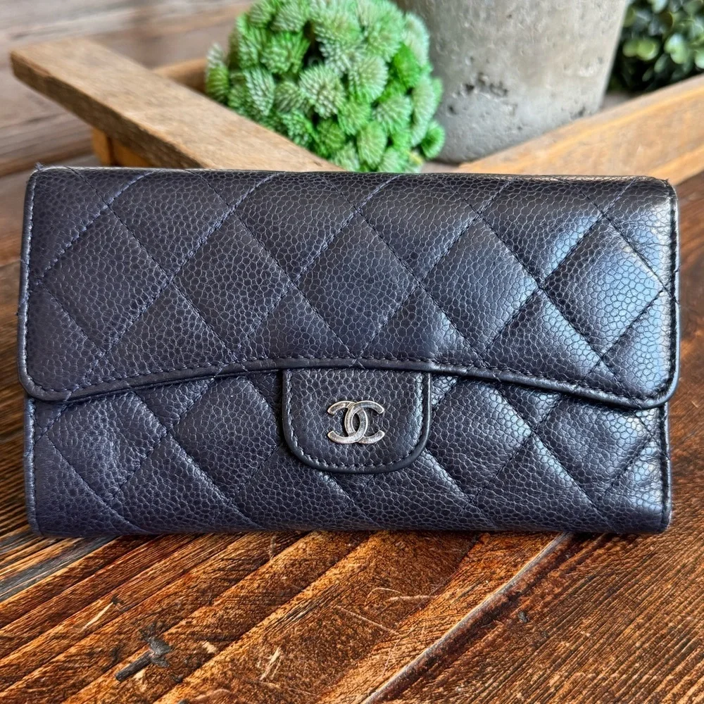 CHANEL Classic L-Flap Caviar Navy Blue Quilted Long Wallet